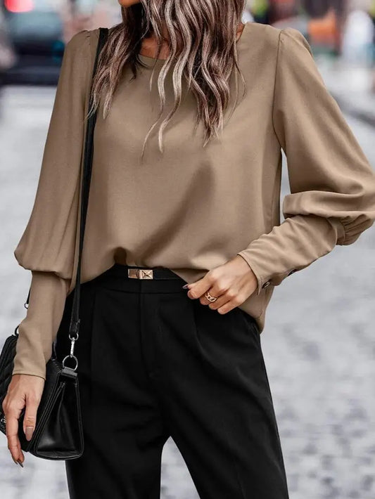 Plain Button Back Cuffed Puff Sleeve Blouse