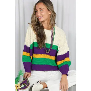 Mardi Gras Color Block Waffle Sweater - The Season Boutique