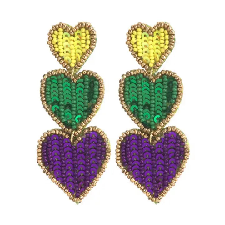 Mardi Gras Triple Heart Earrings - The Season Boutique