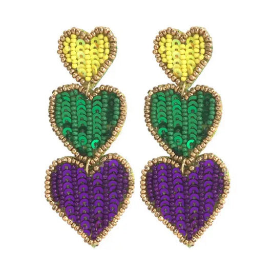 Mardi Gras Triple Heart Earrings - The Season Boutique