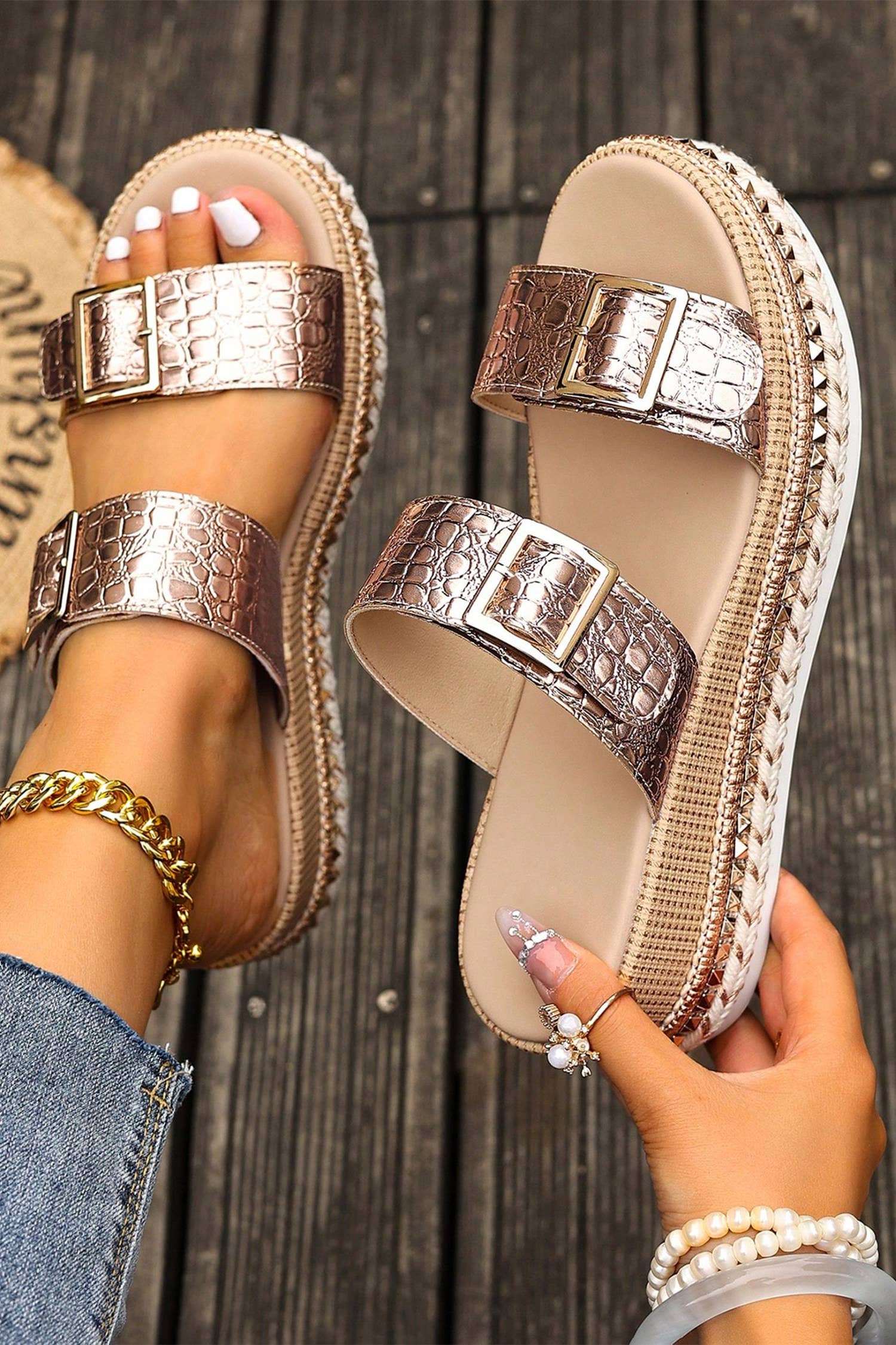 Leather Buckle Wedge Platform Slip GOLD - The Season Boutique