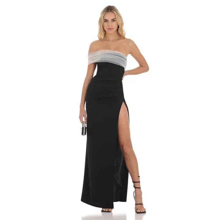 Off Shoulder Tulle Sleeve Maxi Dress in Black