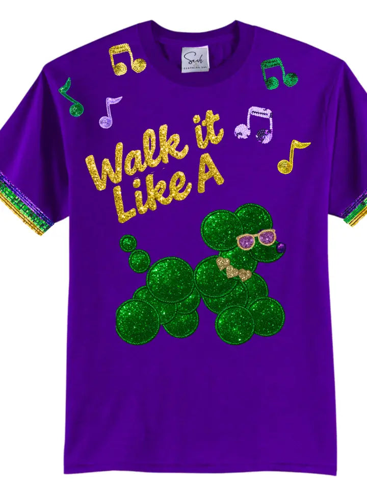 Mardi Gras Walk It Like A Dog Sequin Embroidered T-Shirt
