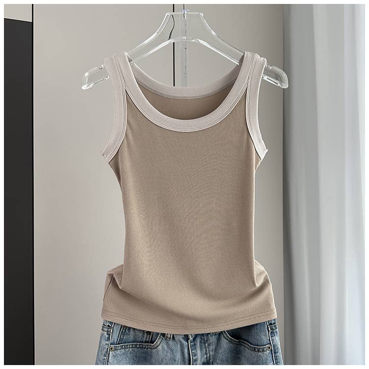 Contrast trim round neck rib fitted tank top: Tan