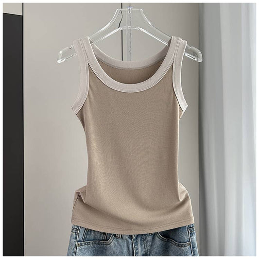 Contrast trim round neck rib fitted tank top: Tan - The Season Boutique