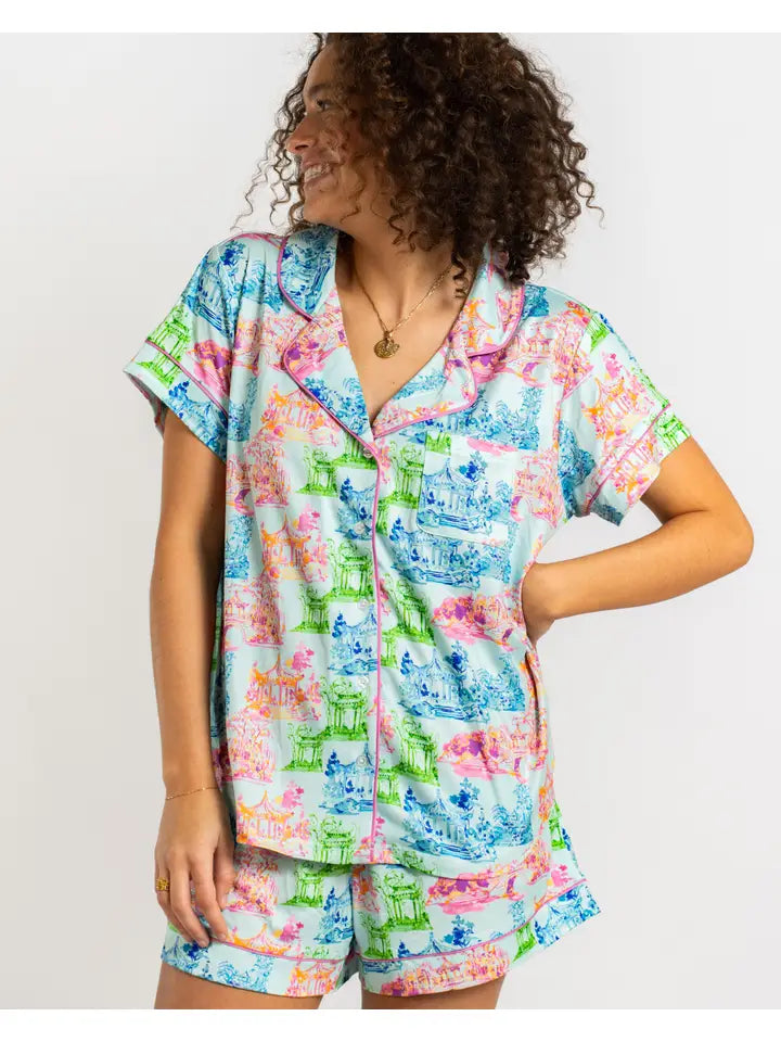 Maya Short Sleeve Button Up Sleep Shirt Aqua/Multi -Asst. - The Season Boutique