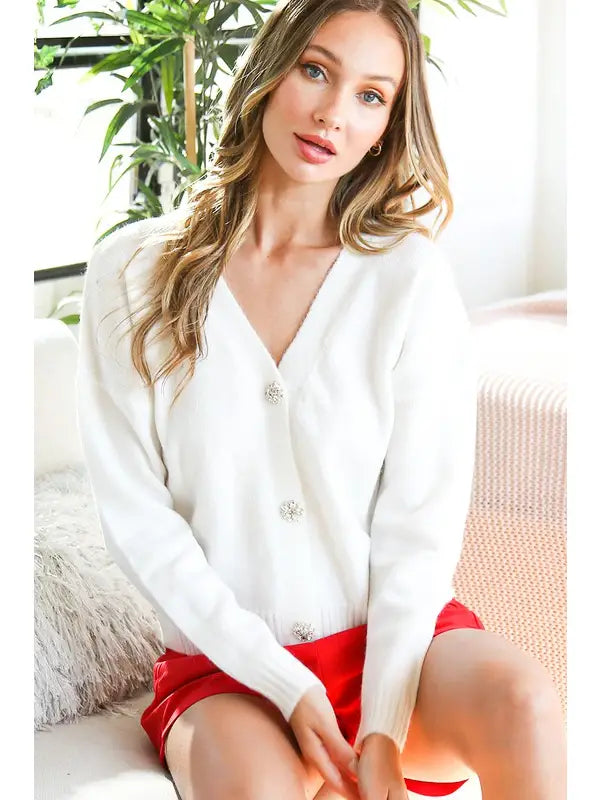 V-Neck Jeweled Button Accent Sweater Cardigan