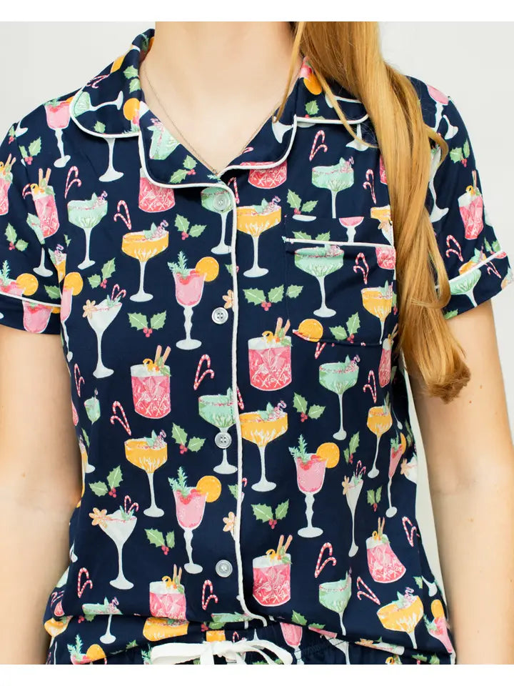 Fizz the Season Short Sleeve Button Up Sleep Shirt Royal/Multi