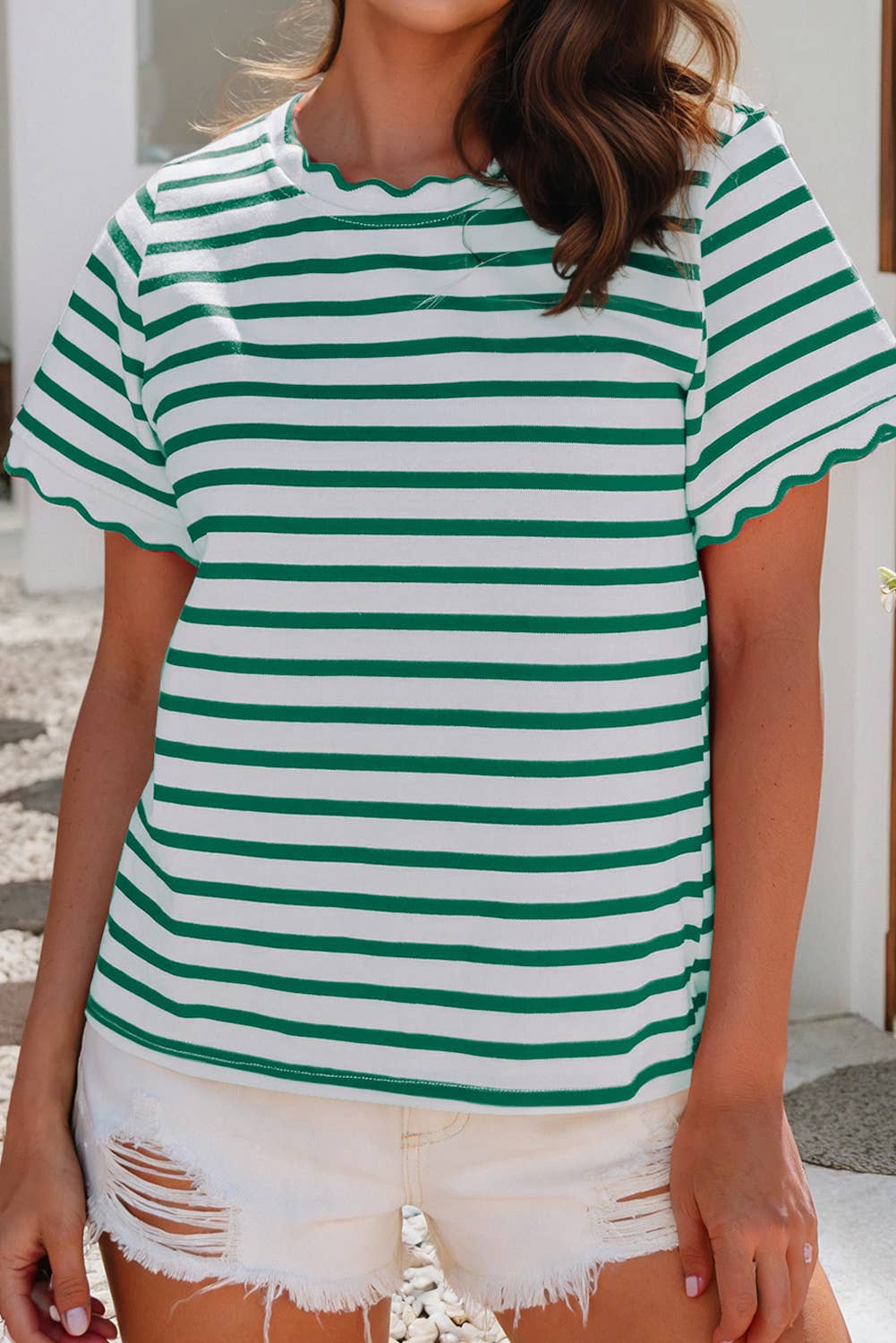 Scalloped Round Neck Stripe Top