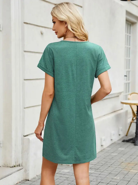 Solid Color V-Neck Short-Sleeved Casual Dress