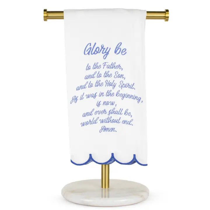 Glory Be Prayer Scalloped Hand Towel White/Blue 20x28