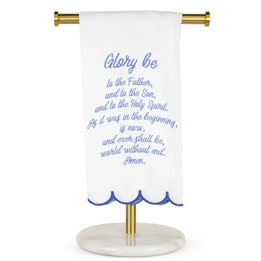Glory Be Prayer Scalloped Hand Towel White/Blue 20x28
