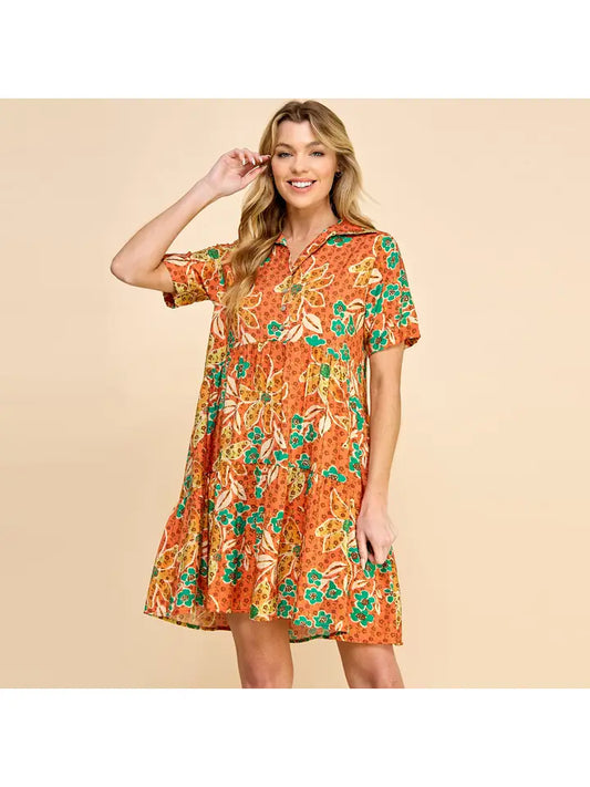 Three Layered V Neck Floral Printed Dress with Buttons