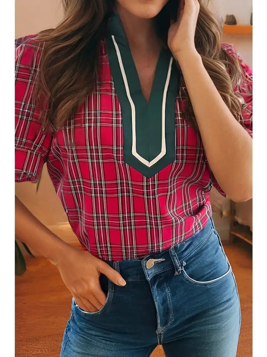 Plaid Print Contrast Trim V Neck Short Sleeve Blouse