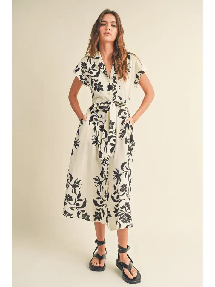 Print Button Down Flare Long Dress