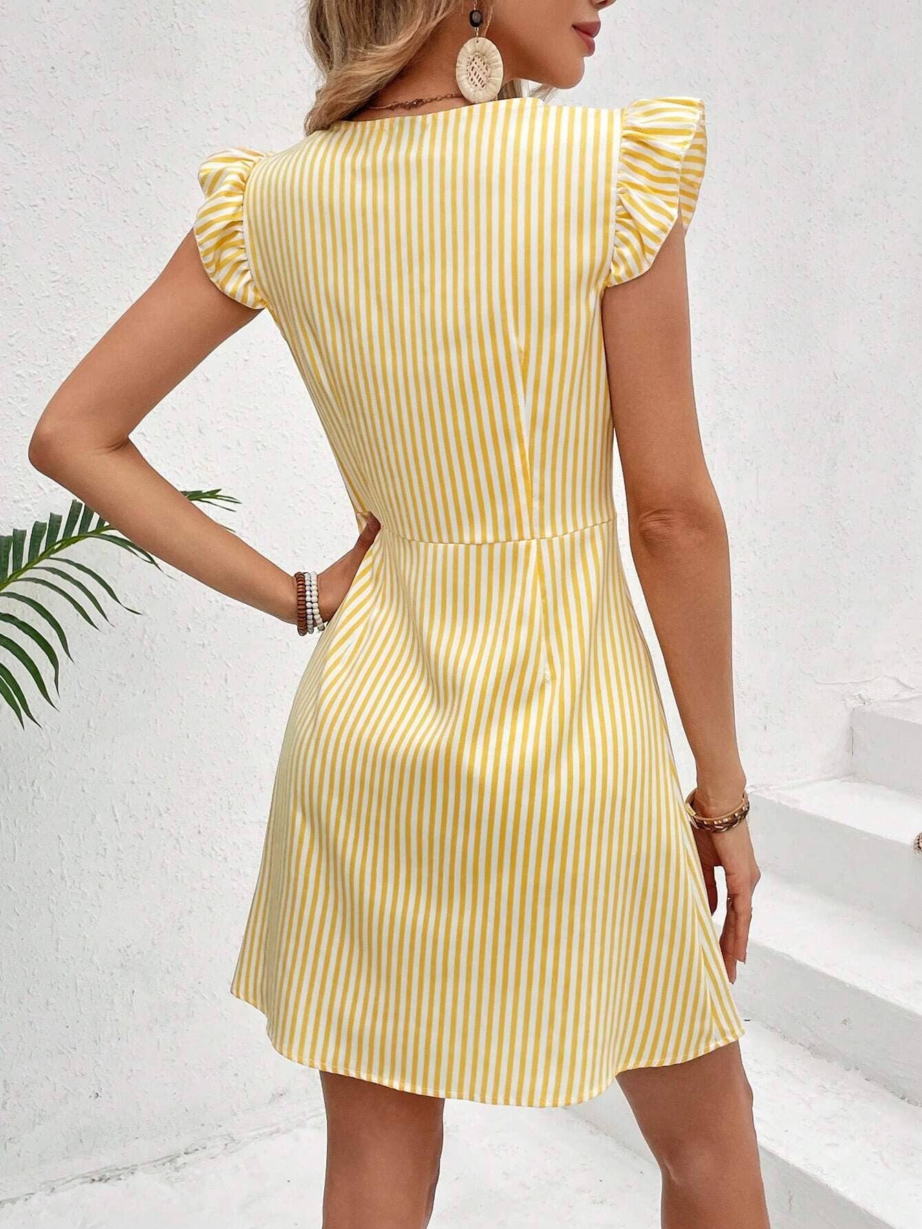 Yellow Striped Print V-Neck Flutter Sleeve Dress