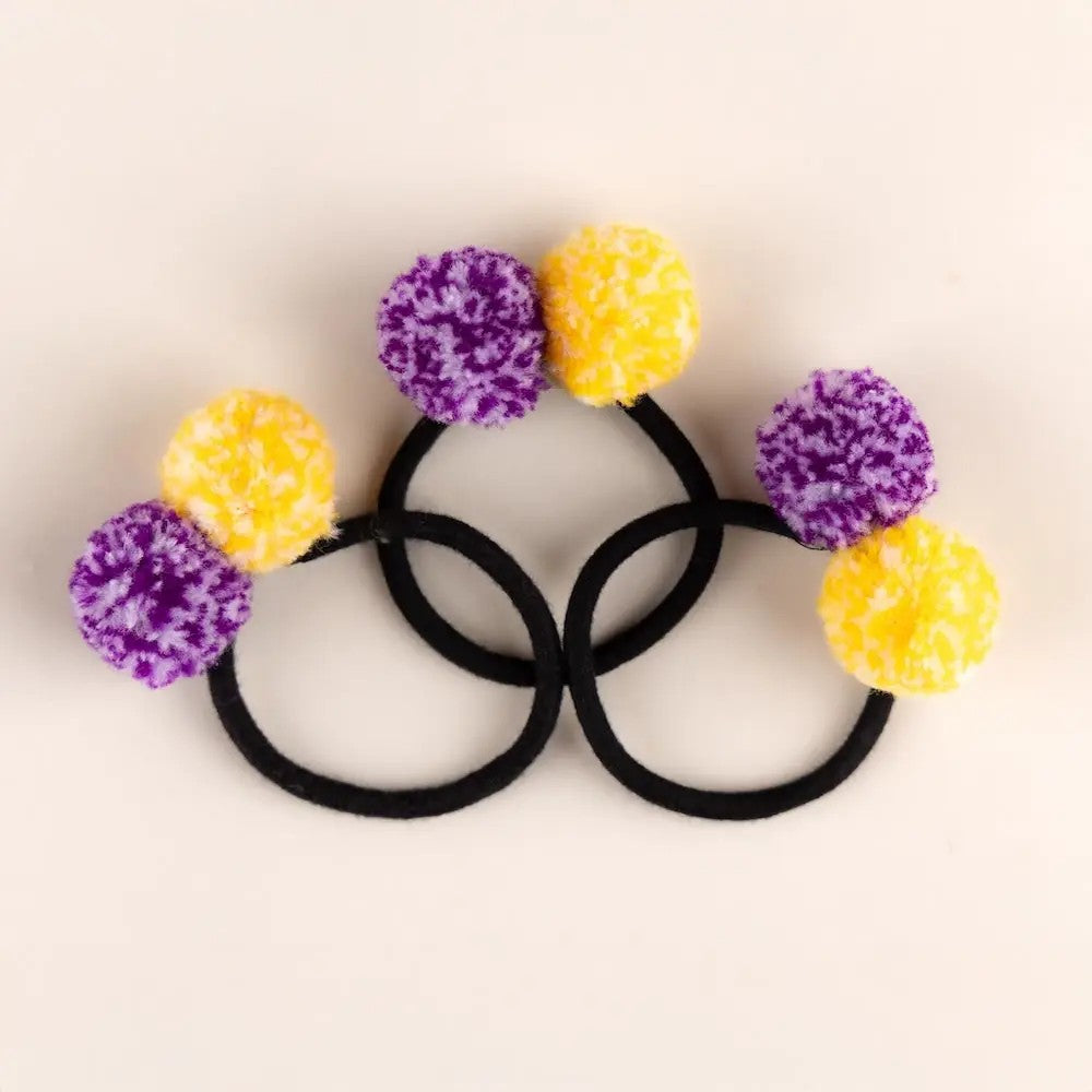 Hair Tie w/ Purple & Gold Confetti Poms 3-Pack - The Season Boutique