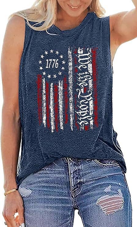 4th Of July American Flag Printed Tank Top: Blue