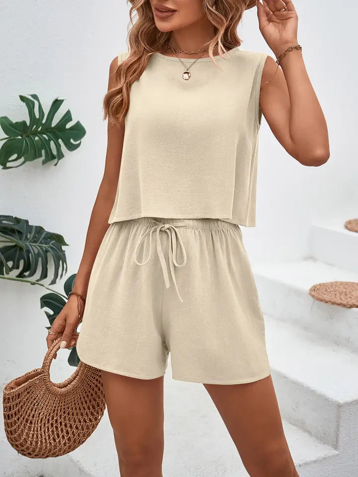 Linen Back Button Detail Crop Top and Shorts Set