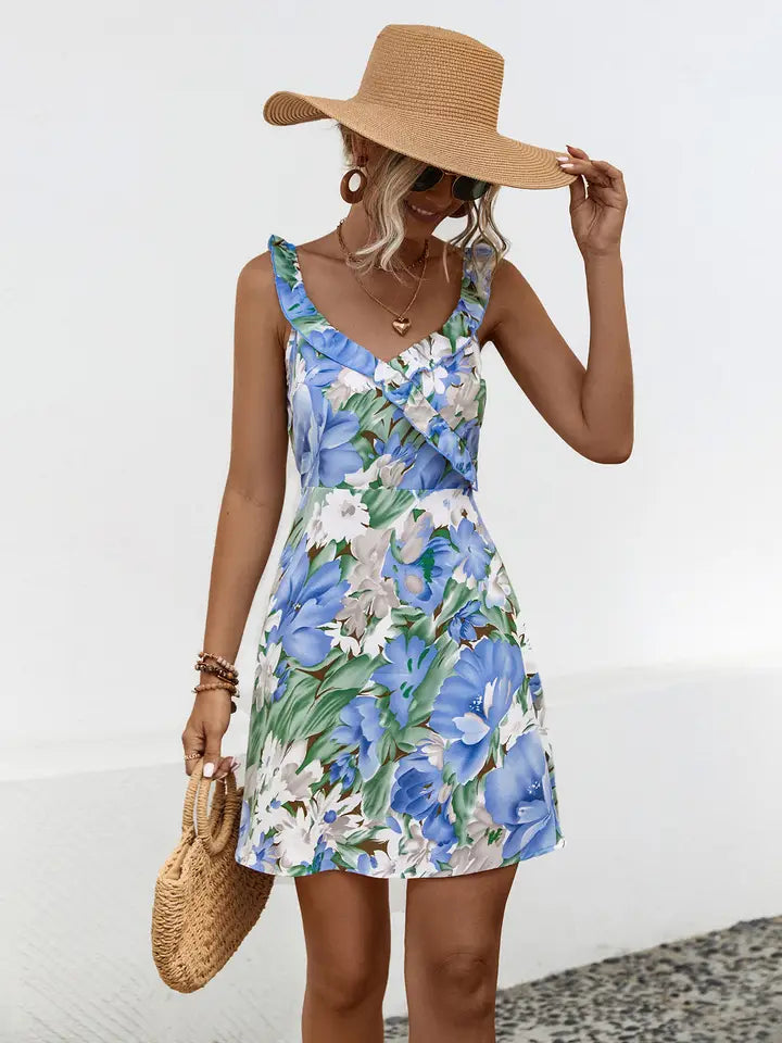 Floral Print Waistline Short Halter Dress