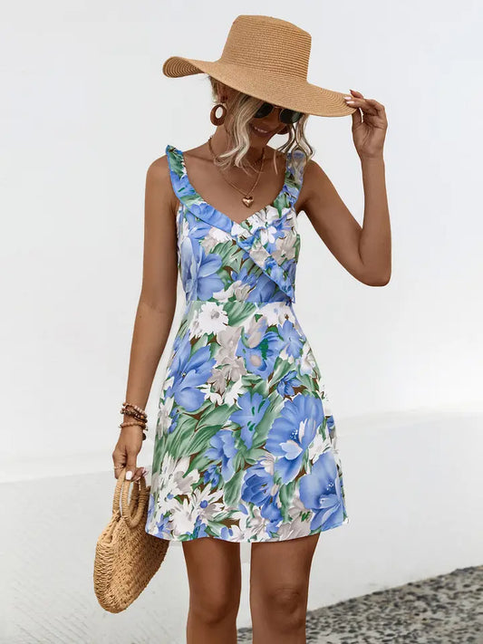 Floral Print Waistline Short Halter Dress