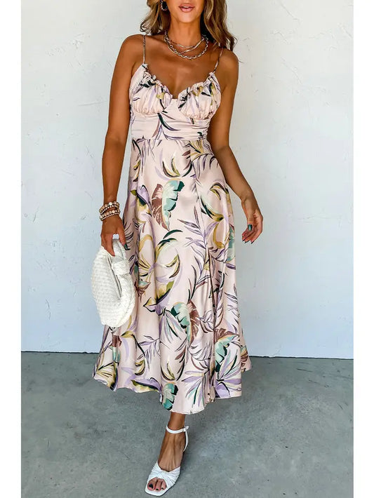 Floral Spaghetti Strap Dress W/Slit