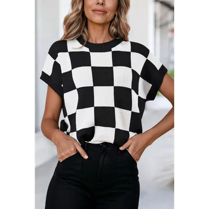 Checkered Pattern Ribbed Knit Sweater