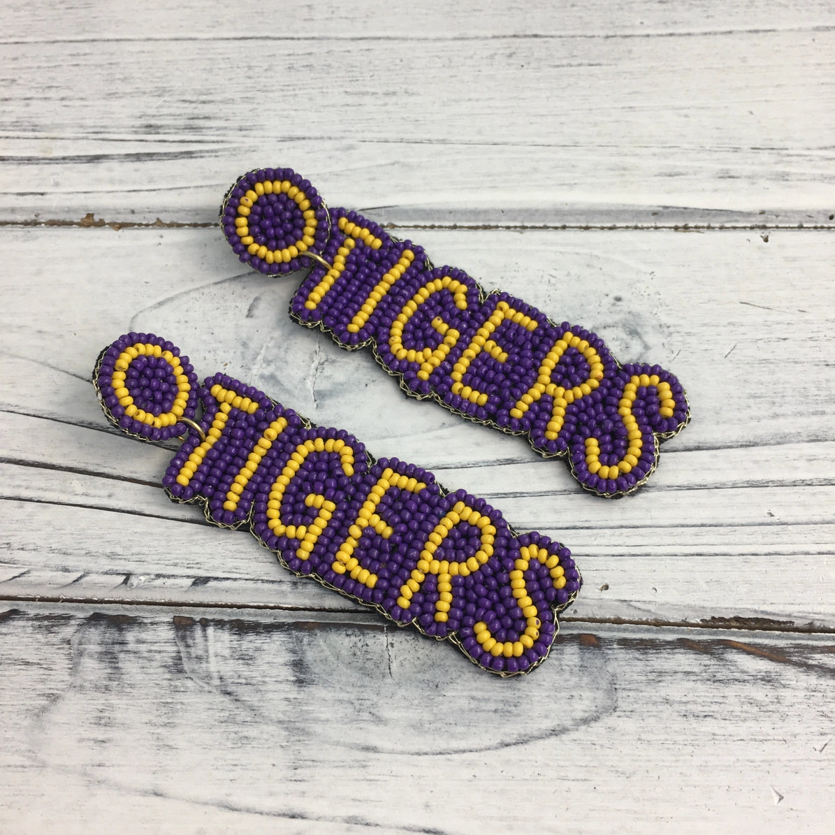 Beaded Tigers Purple and Gold Earrings