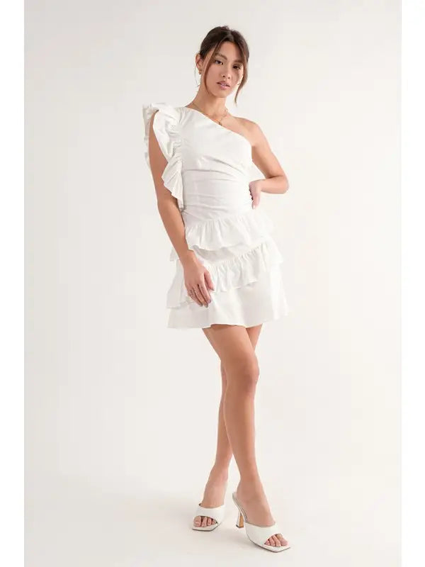 White One Shoulder Ruffle Mini