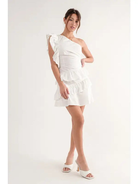 White One Shoulder Ruffle Mini