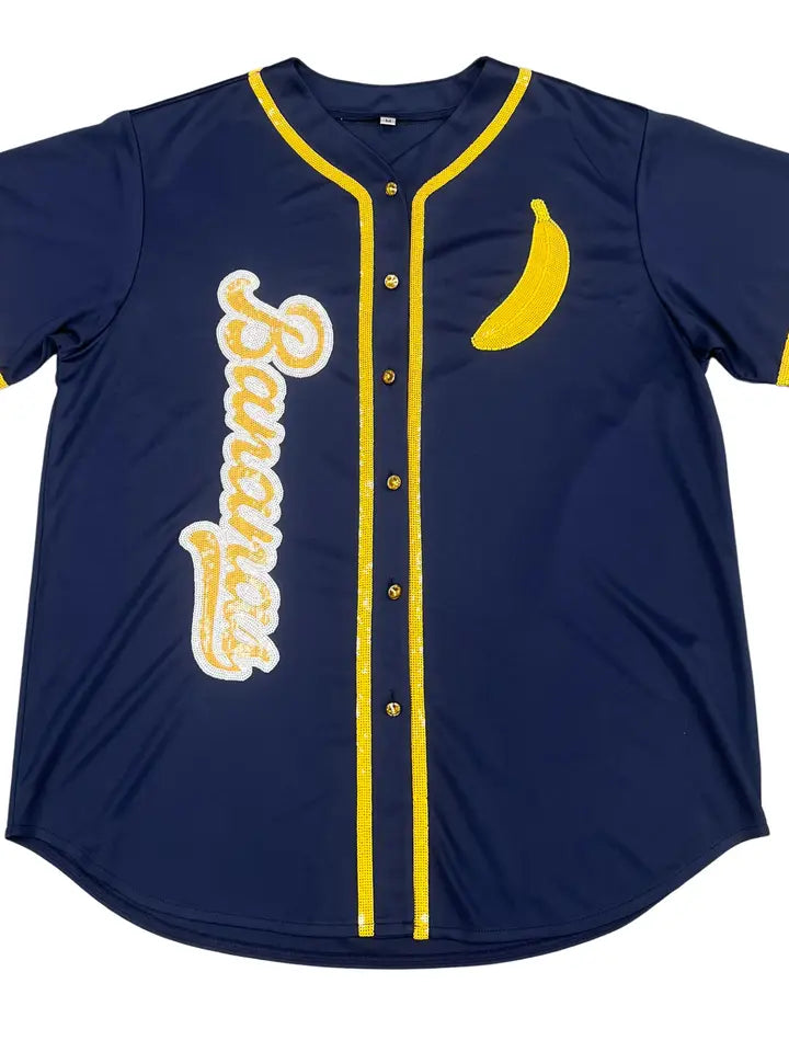 Bananas Women's Sequin Baseball Jersey (Navy) - The Season Boutique