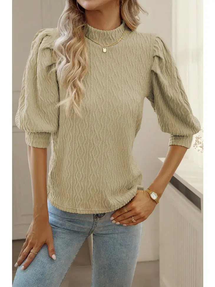 Pleated Puff Sleeve Mock Neck Top