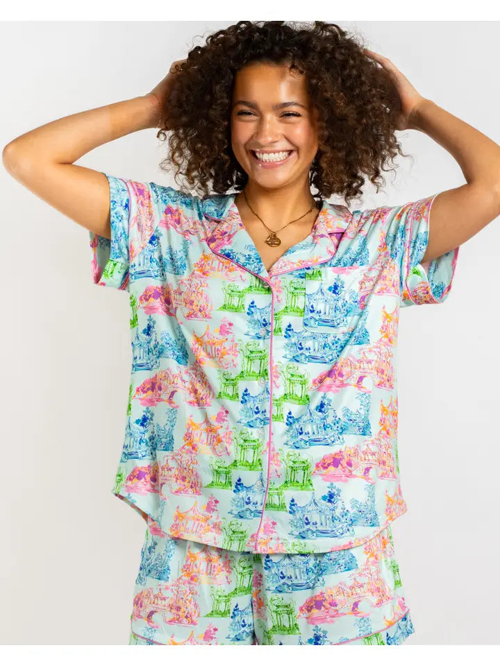 Maya Short Sleeve Button Up Sleep Shirt Aqua/Multi -Asst. - The Season Boutique