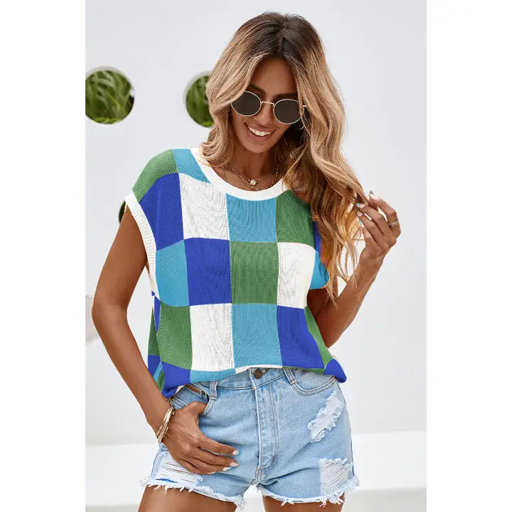 Color Block Cap Sleeve Sweater (Dark Blue)