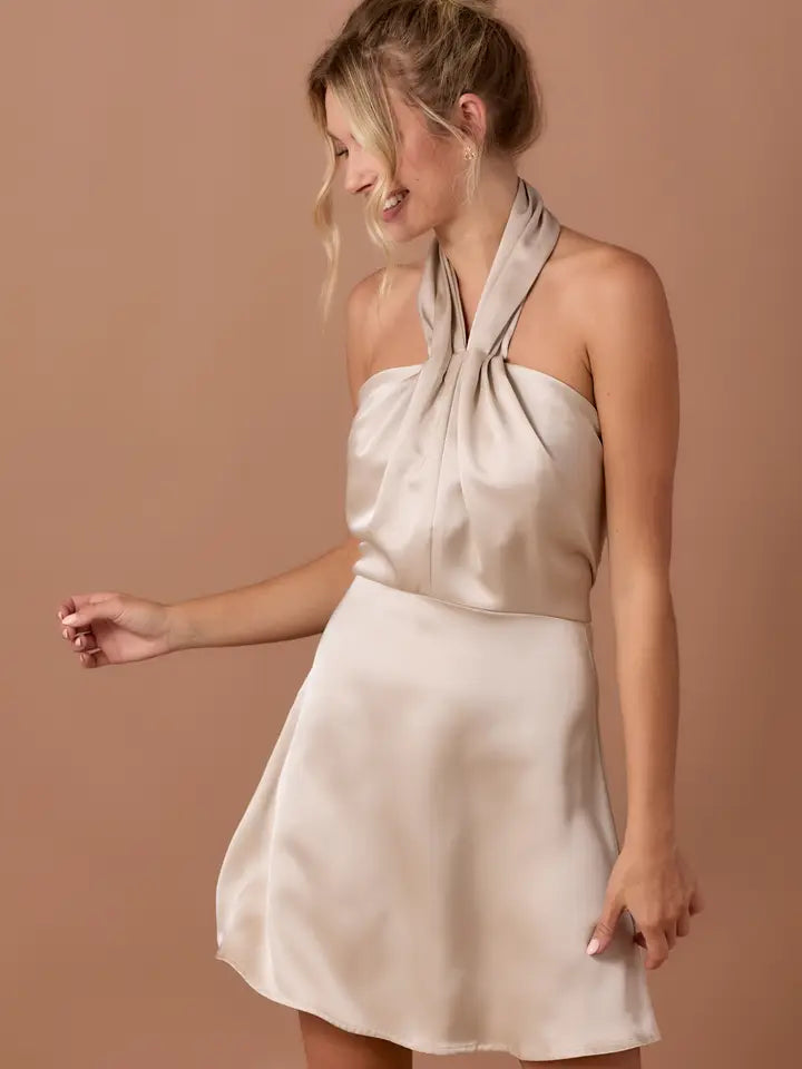 Pleated Detailed Halter Neck Bustier Mini Dress