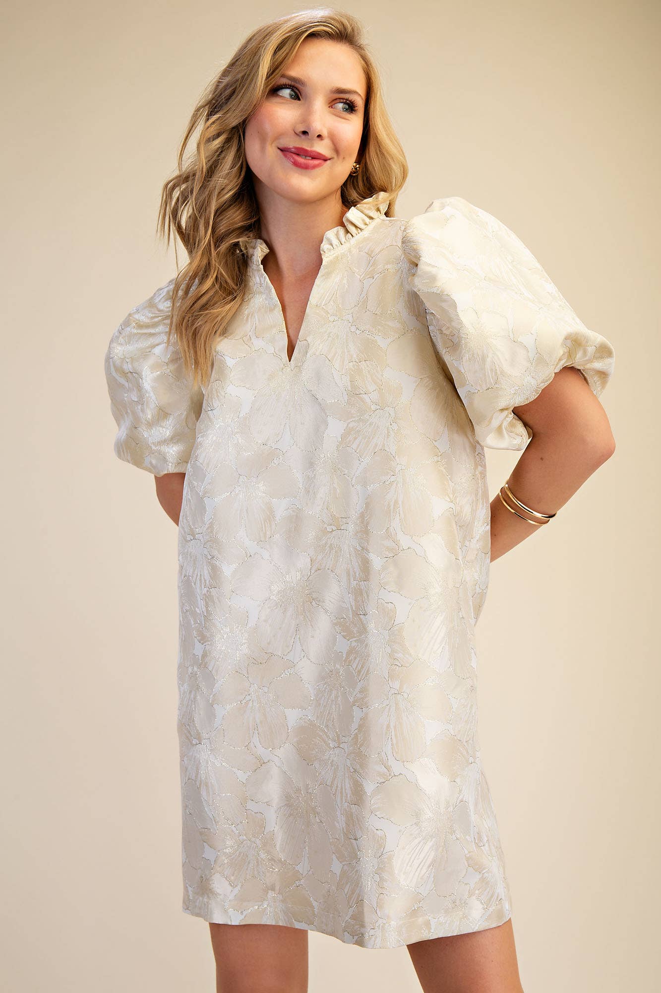 Ruffle V-Neck Puff Sleeve Mini Dress Sage