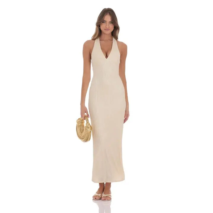 Crinkle Shimmer V-Neck Maxi Dress in Champagne