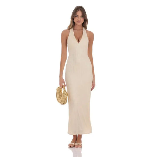 Crinkle Shimmer V-Neck Maxi Dress in Champagne
