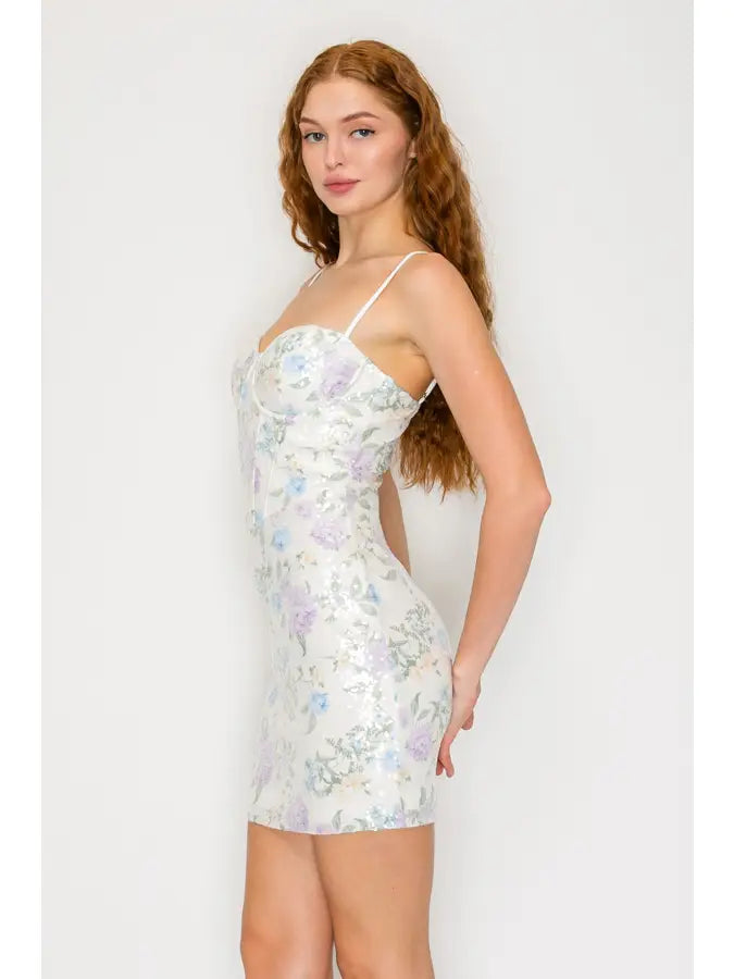 Floral Sequin Sweetheart Mini Dress