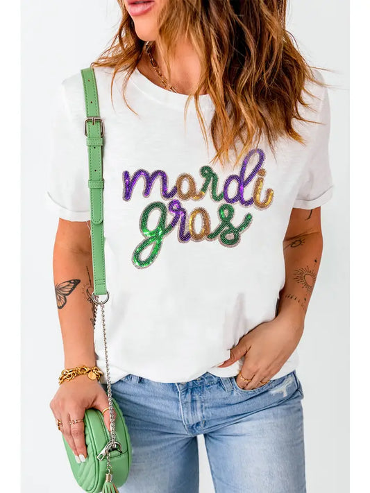 Sequins Mardi Gras Letter Print Round Neck