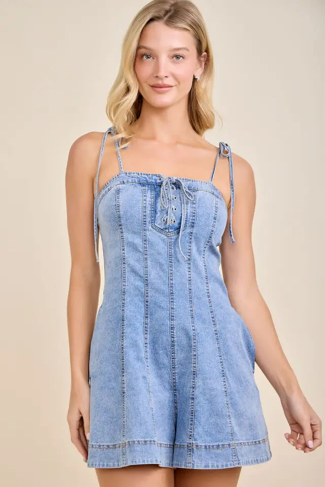 Lace-Up Denim Corset Romper