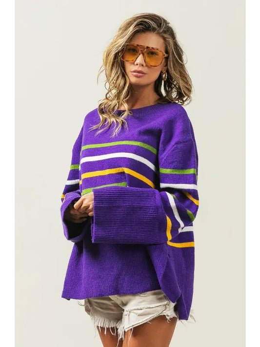 Ribbed Hem Mardi Gras Stripe Sweater