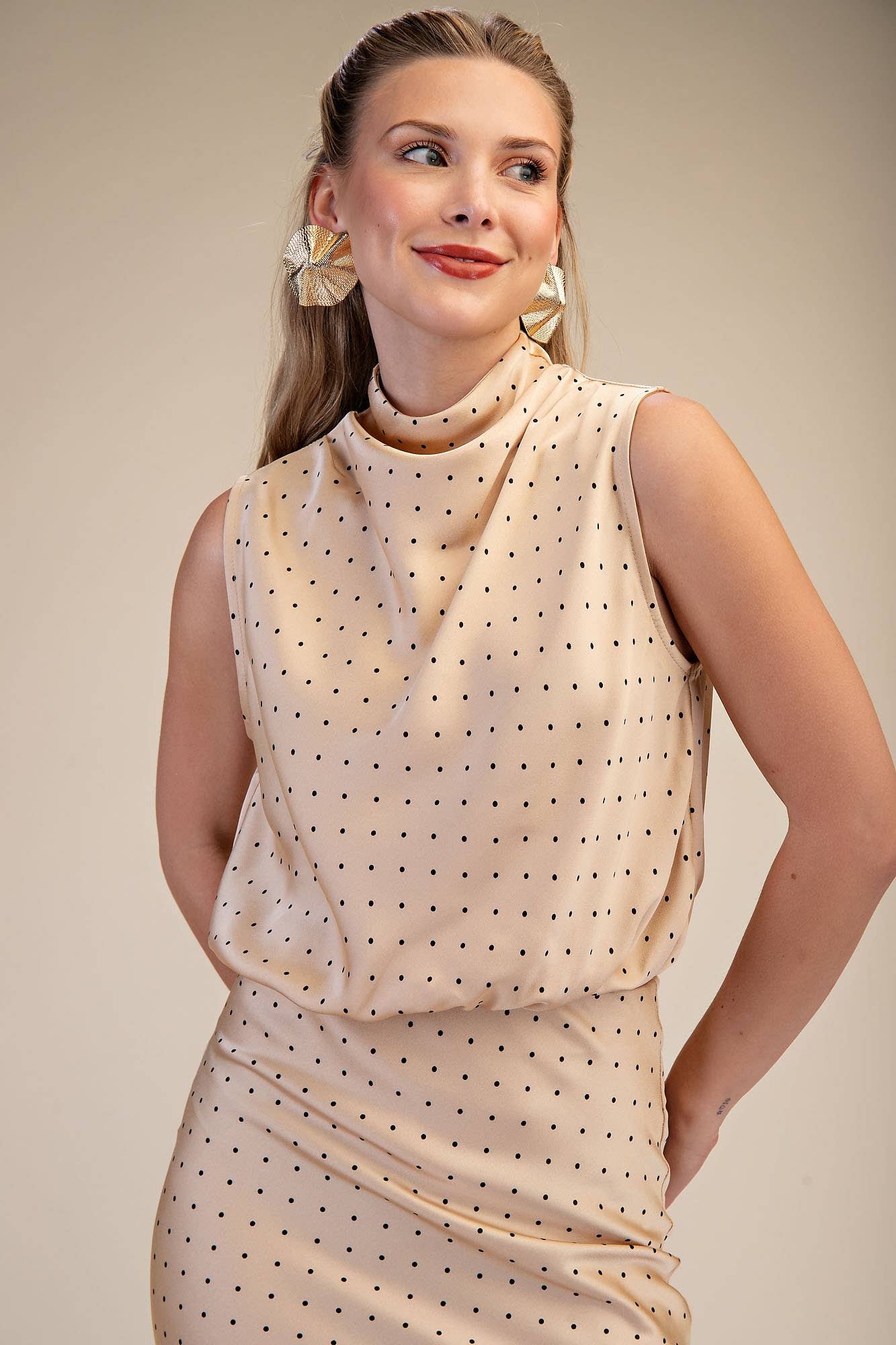 High Neck Sleeveless Polka Dot Top