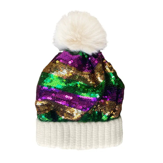 Sequin Beanie with Pom Pom - White