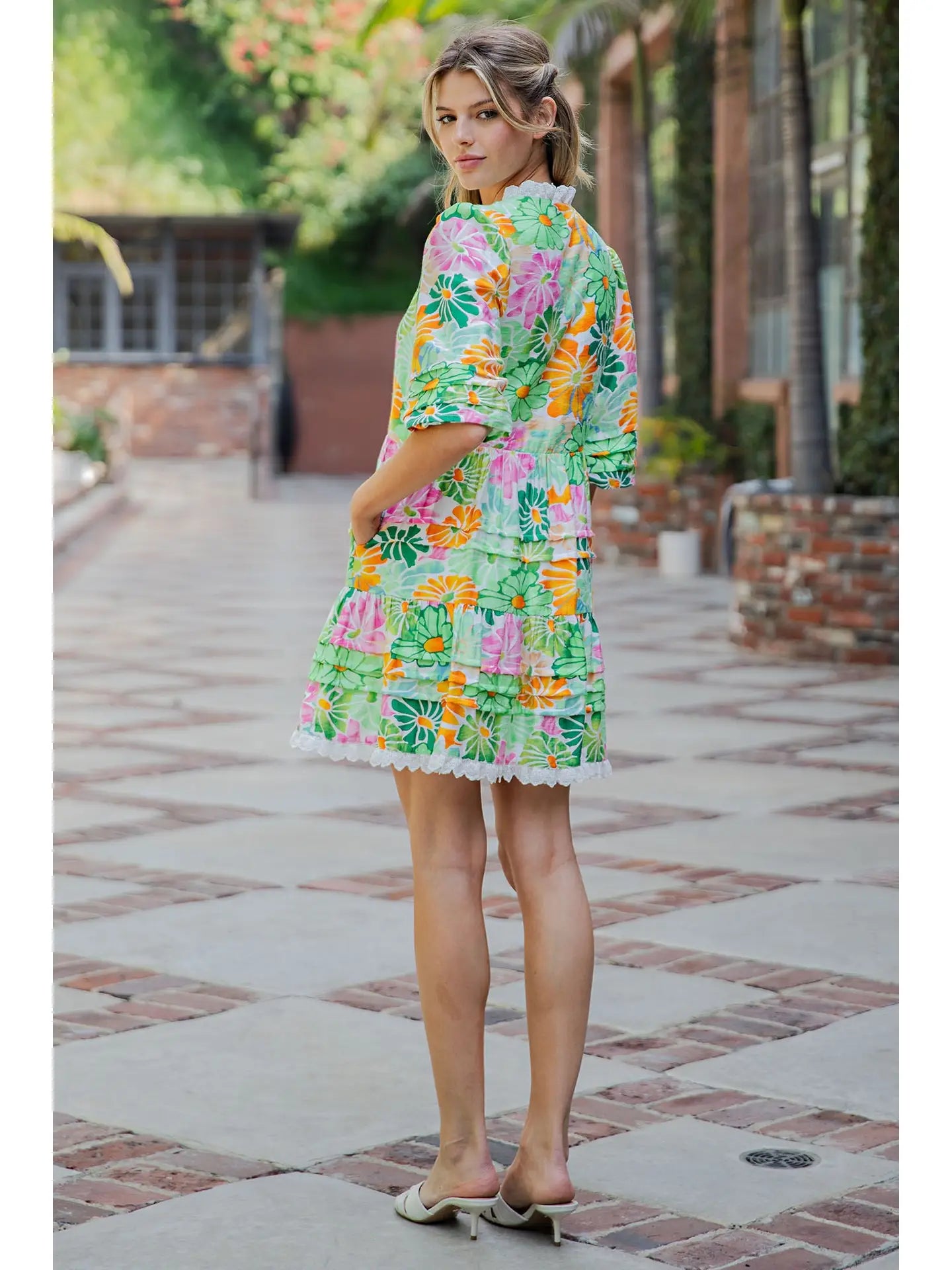 Floral Print Lace Trim Pleated Mini Dress - The Season Boutique