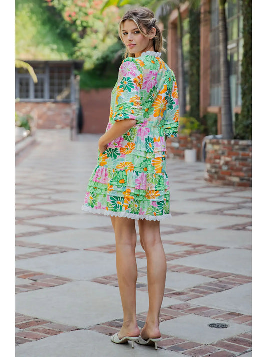 Floral Print Lace Trim Pleated Mini Dress - The Season Boutique