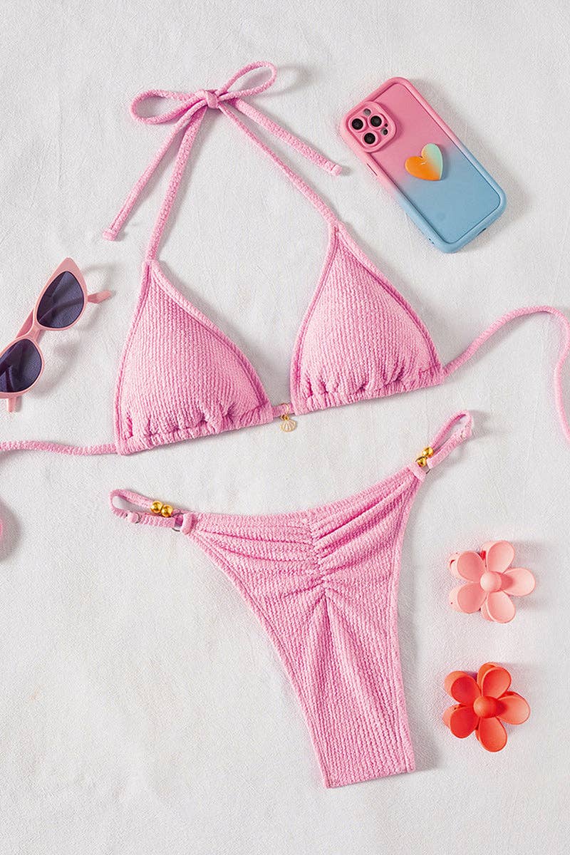 Pink Textured Triangle Bikini Set - The Season Boutique