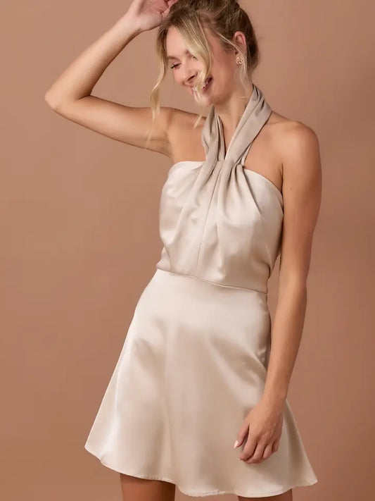 Pleated Detailed Halter Neck Bustier Mini Dress