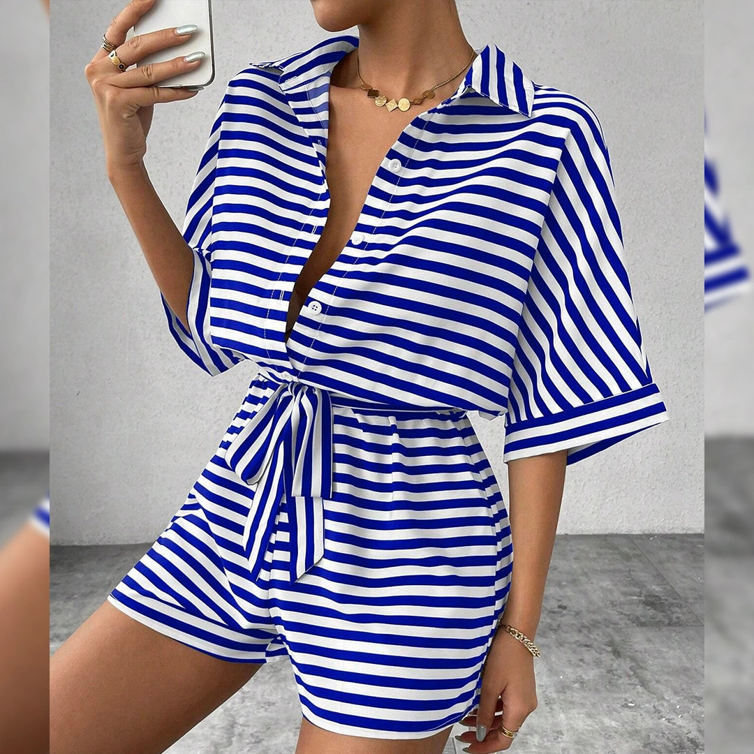 Striped Lapel Button-Up Belted Romper