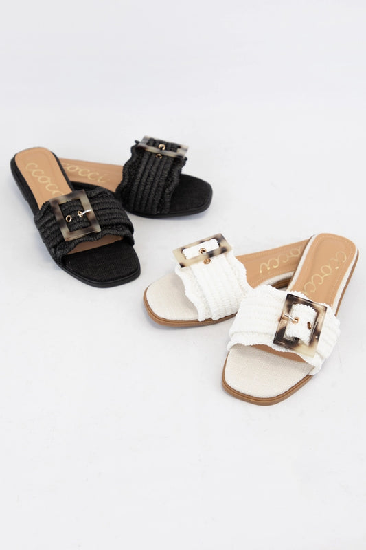 Tortoise Buckle Raffia Sandals